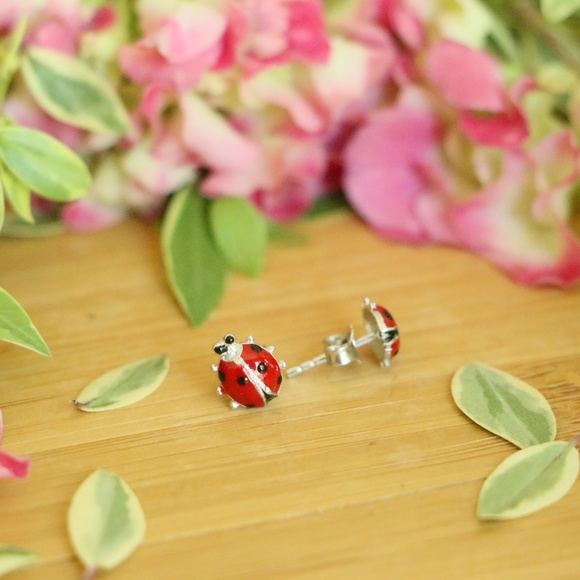 925 Sterling Silver Ladybug Stud Earrings - Picture 6 of 8